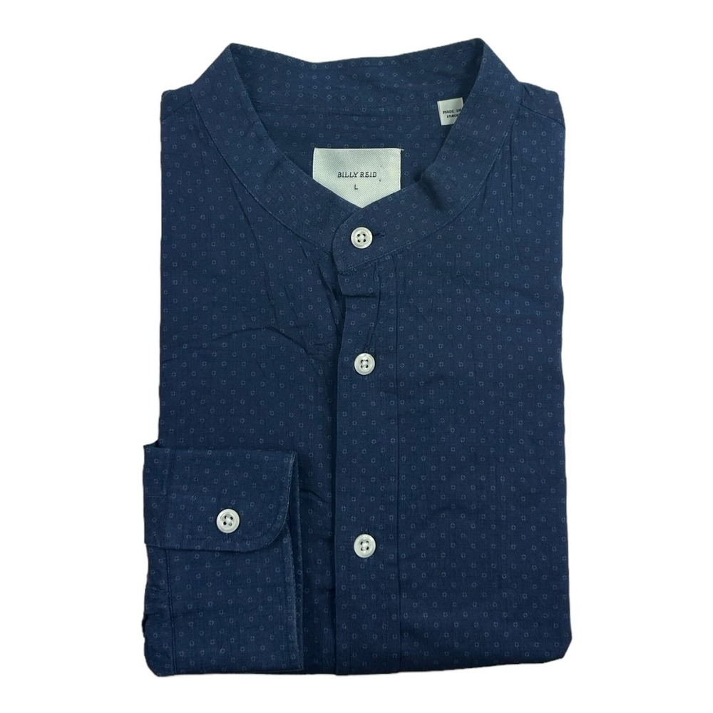 Billy Reid Mens Blue Pattern Cotton Mandarin Collar Slim Fit Shirt Large Italy